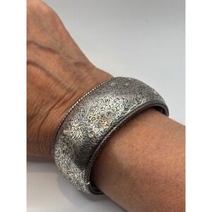 Brighton Silver Floral Scroll Crystal Hinged Bangle Bracelet Wide Magnetic Cuff
